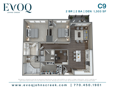 Floor plan for 2 beds, 2 baths, 1303 sqft