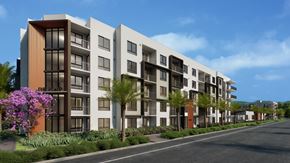 Pompano Beach apartment for rent - A modern apartment building with a row of trees and purple flowers in front.