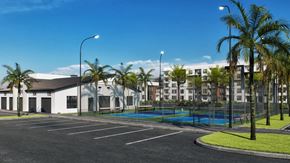 Pompano Beach apartment for rent - A sunny day at the outdoor pool and gym area of a residential complex.