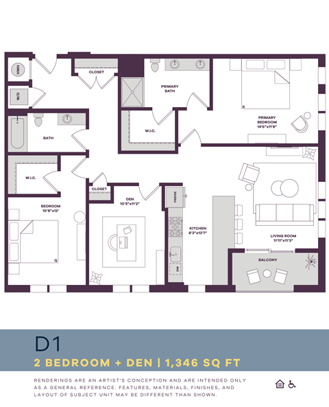 Floor plan for 2 beds, 2 baths, 1346 sqft