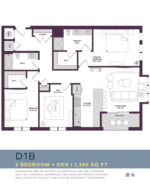Floor plan for 2 beds, 2 baths, 1385 sqft