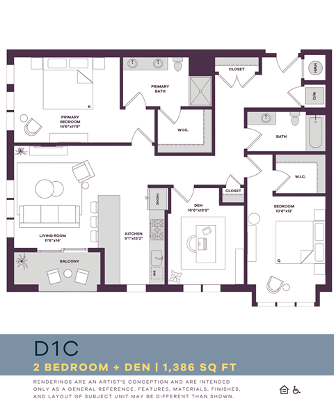 Floor plan for 2 beds, 2 baths, 1386 sqft