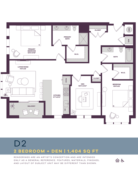 Floor plan for 2 beds, 2 baths, 1404 sqft