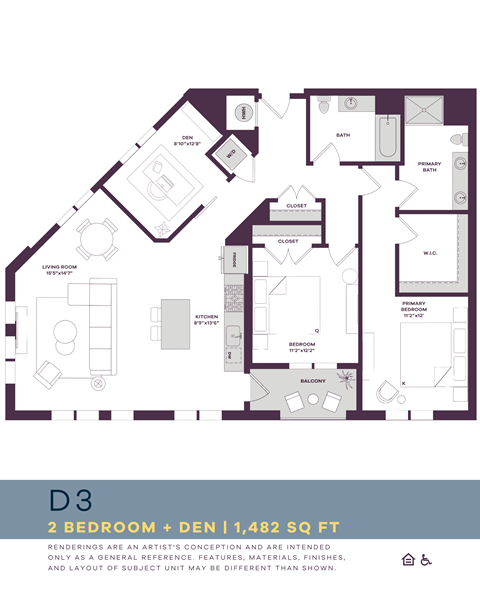 Floor plan for 2 beds, 2 baths, 1482 sqft
