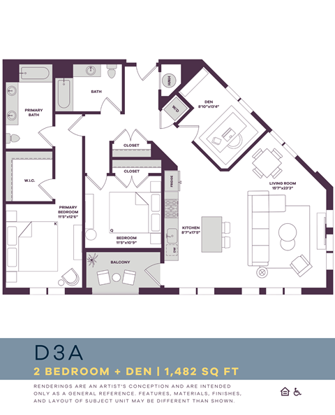 Floor plan for 2 beds, 2 baths, 1482 sqft