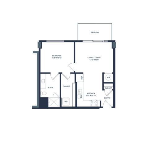 Floor plan for 1 bed, 1 bath, 613 sqft