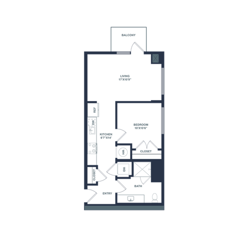 Floor plan for 1 bed, 1 bath, 626 sqft