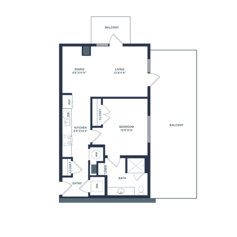 Floor plan for 1 bed, 1 bath, 714 sqft