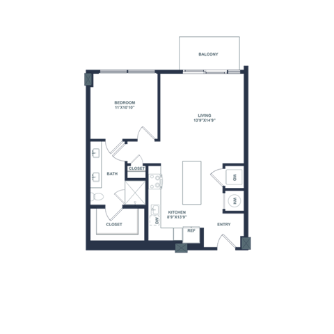 Floor plan for 1 bed, 1 bath, 770 sqft