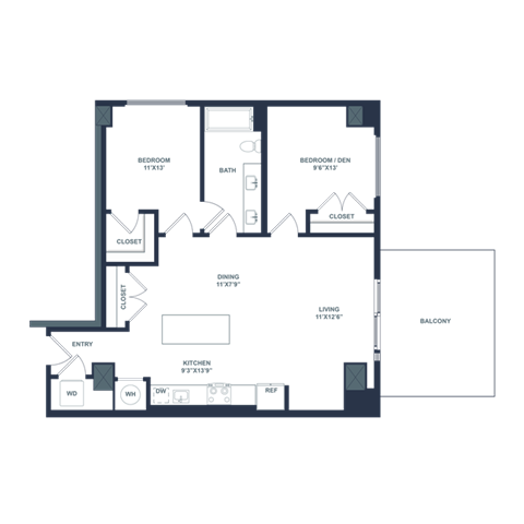Floor plan for 2 beds, 1 bath, 976 sqft