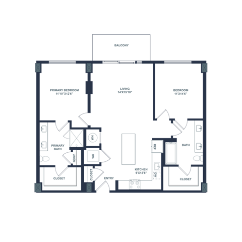 Floor plan for 2 beds, 2 baths, 1106 sqft