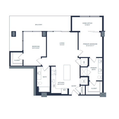 Floor plan for 2 beds, 2 baths, 1155 sqft