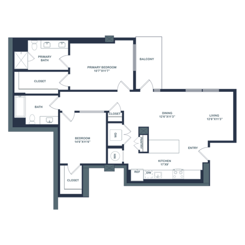 Floor plan for 2 beds, 2 baths, 1253 sqft