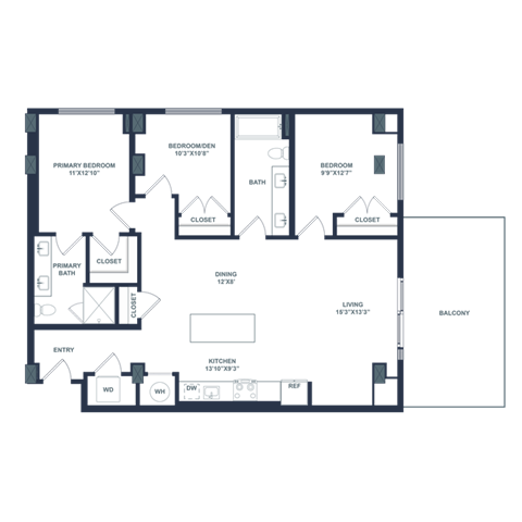 Floor plan for 3 beds, 2 baths, 1277 sqft
