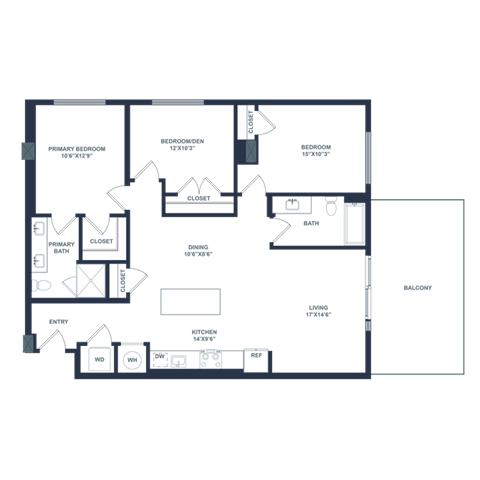 Floor plan for 3 beds, 2 baths, 1277 sqft