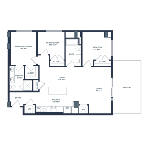 Floor plan for 3 beds, 2 baths, 1277 sqft