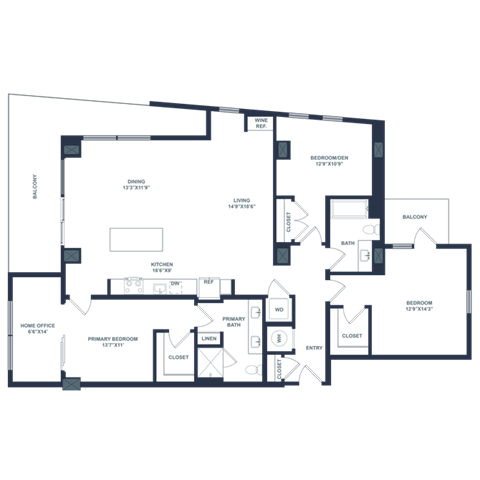 Floor plan for 3 beds, 2 baths, 1738 sqft