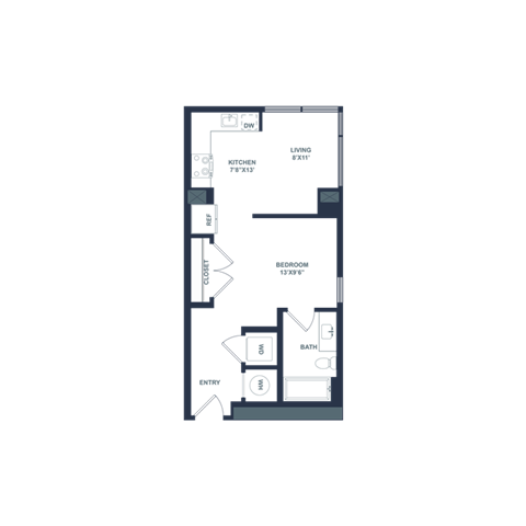 Floor plan for studio, 1 bath, 524 sqft