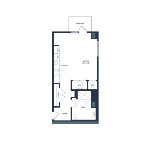 Floor plan for studio, 1 bath, 626 sqft