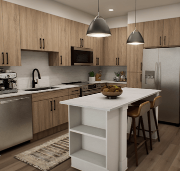 Cumming apartment for rent - A modern kitchen with wooden cabinets and a white island.