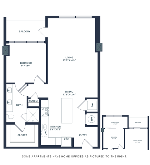 Floor plan for 1 bed, 1 bath, 873 sqft