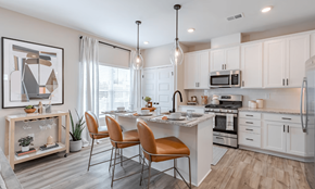 Cartersville apartment for rent - an open kitchen and dining area with white cabinets and stainless steel appliances