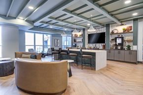 Milwaukee apartment for rent - A modern open plan living and kitchen area with a curved sofa.