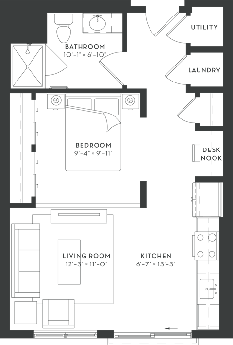 Floor plan for studio, 1 bath, 598 sqft