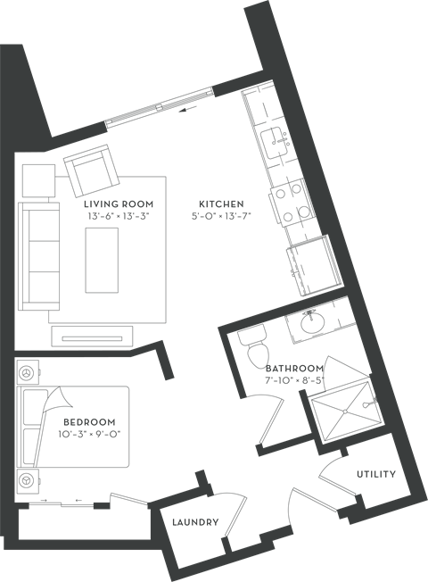 Floor plan for studio, 1 bath, 601 sqft