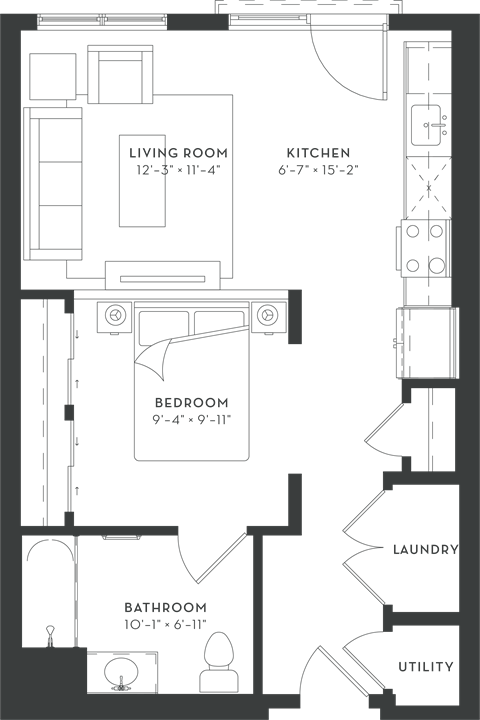Floor plan for studio, 1 bath, 605 sqft