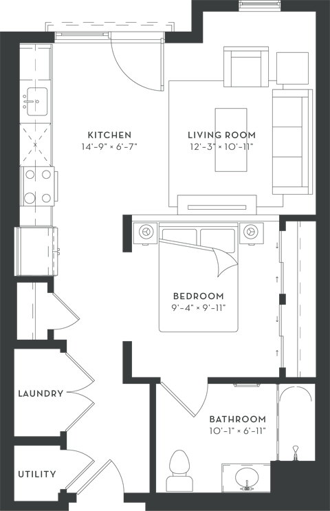 Floor plan for studio, 1 bath, 614 sqft