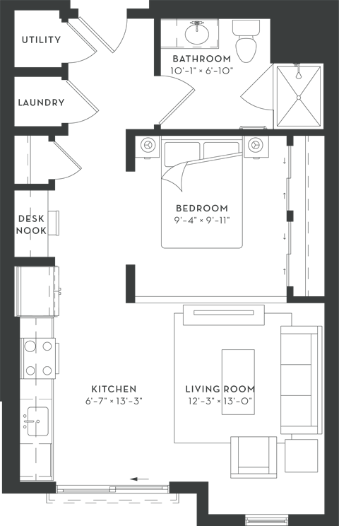 Floor plan for studio, 1 bath, 616 sqft