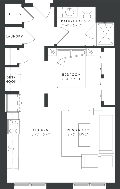 Floor plan for studio, 1 bath, 645 sqft