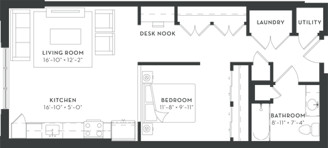 Floor plan for studio, 1 bath, 774 sqft