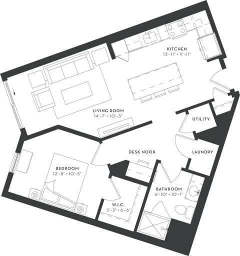 Floor plan for 1 bed, 1 bath, 750 sqft