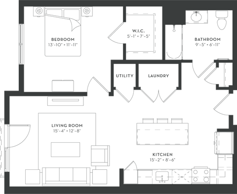 Floor plan for 1 bed, 1 bath, 811 sqft