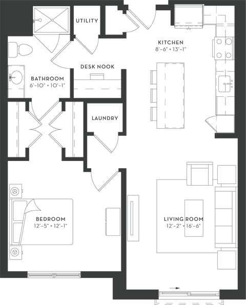 Floor plan for 1 bed, 1 bath, 812 sqft