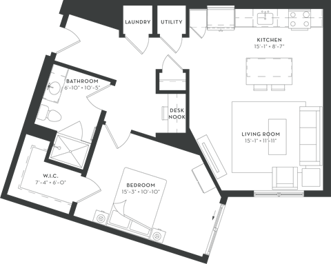 Floor plan for 1 bed, 1 bath, 813 sqft