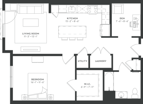 Floor plan for 1 bed, 1 bath, 909 sqft