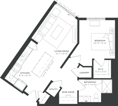 Floor plan for 1 bed, 1 bath, 757 sqft