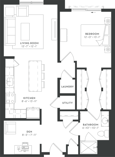 Floor plan for 1 bed, 1 bath, 917 sqft