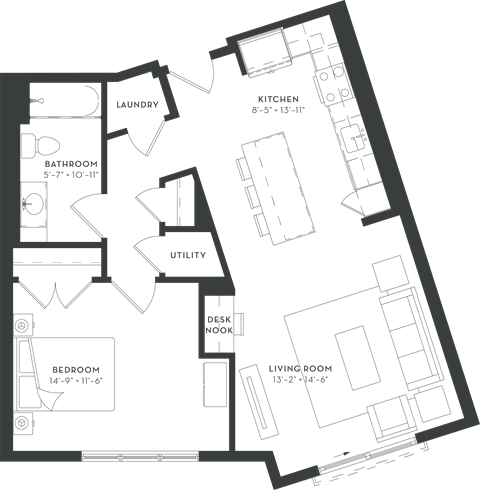 Floor plan for 1 bed, 1 bath, 769 sqft