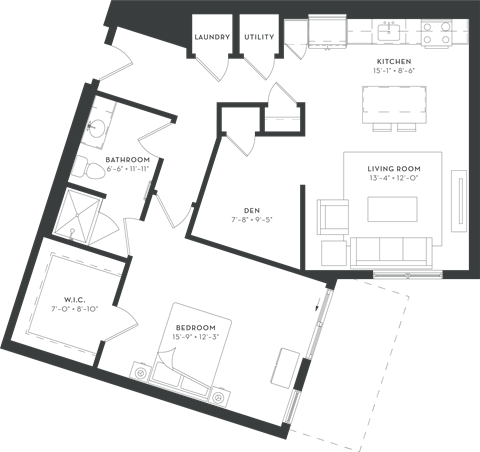 Floor plan for 1 bed, 1 bath, 946 sqft
