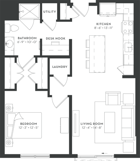 Floor plan for 1 bed, 1 bath, 778 sqft
