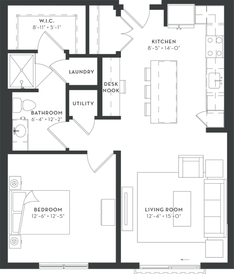 Floor plan for 1 bed, 1 bath, 778 sqft