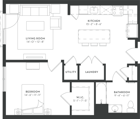 Floor plan for 1 bed, 1 bath, 778 sqft