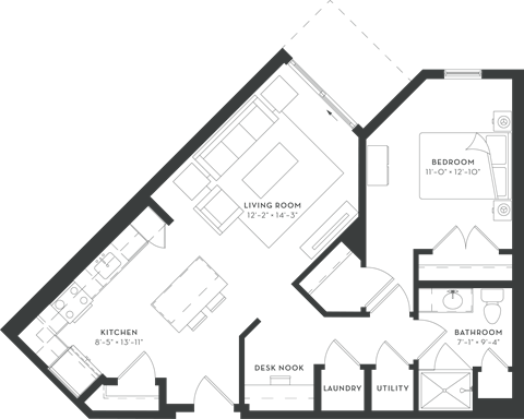 Floor plan for 1 bed, 1 bath, 780 sqft