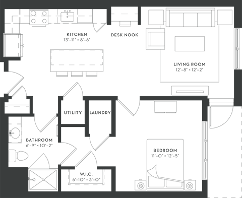 Floor plan for 1 bed, 1 bath, 783 sqft