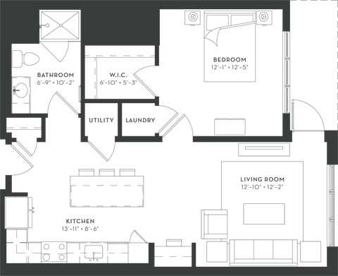 Floor plan for 1 bed, 1 bath, 783 sqft