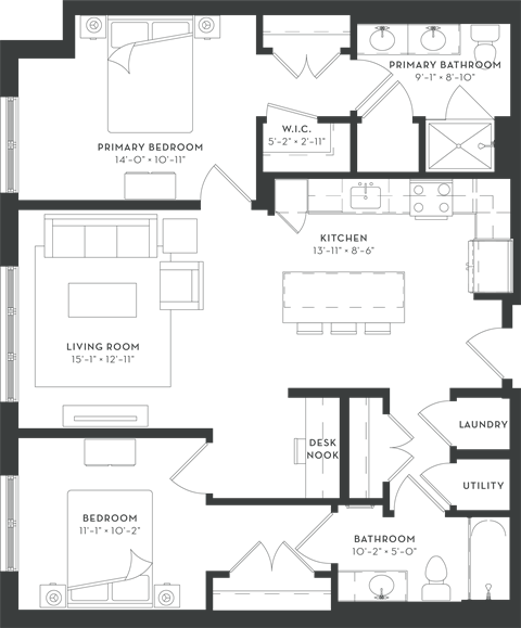 Floor plan for 2 beds, 2 baths, 1088 sqft